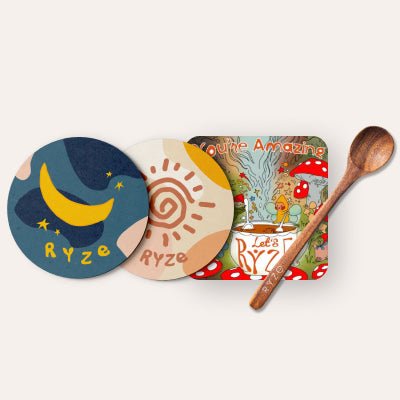RYZE Coasters + Mushroom Magnet + Acacia Spoon